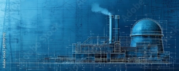 Obraz An intricate blueprint design of an industrial nuclear reactor overlaid on a blue technical background