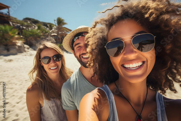 Fototapeta Selfie of a group of 30 year old multiethnic friends at the beach. Generative Ai.