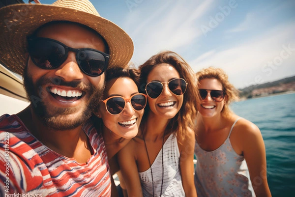 Fototapeta Selfie of a group of 30 year old multiethnic friends at the beach. Generative Ai.