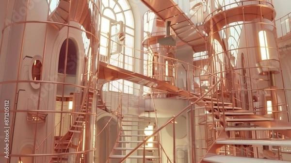Fototapeta Envision an abstract composition showcasing beige and copper geometric shapes in a mesmerizing 3D render, blending artistic finesse and modern design --chaos 40 