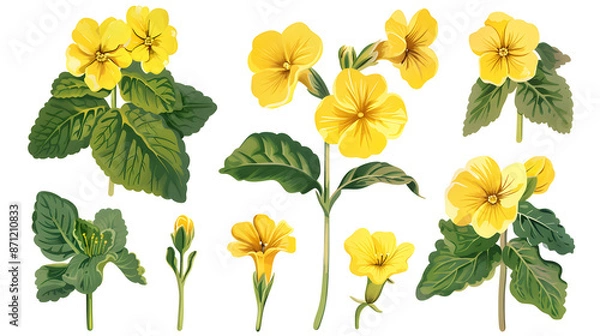 Fototapeta Set of nasturtium elements including nasturtium flowers, buds, petals, and leaves