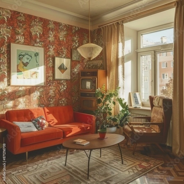 Fototapeta Interior of typical soviet style apartment. Old Soviet Russian living room poor interior