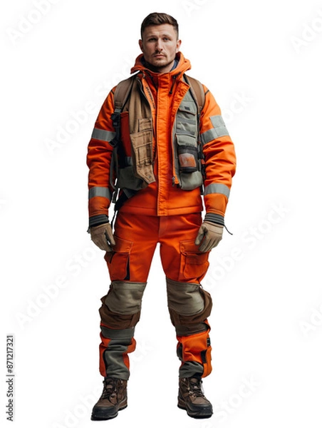 Obraz man in an orange jacket and .wearing a jacket, gloves, and shoes, suggesting is a construction worker. di-cut PNG transparent background generative ai