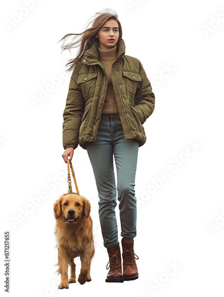 Obraz woman walking her dog on a leash. She is wearing a stylish outfit and has a confident stride. The dog is walking beside her, its tail wagging happily. di-cut PNG transparent background generative ai