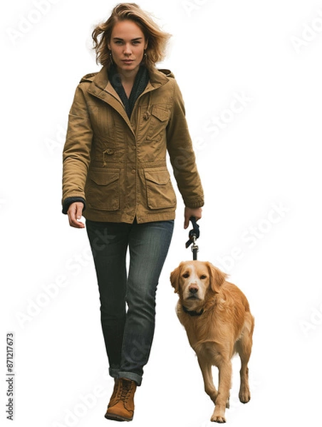 Obraz woman walking her dog on a leash. She is wearing a brown jacket  di-cut PNG transparent background generative ai