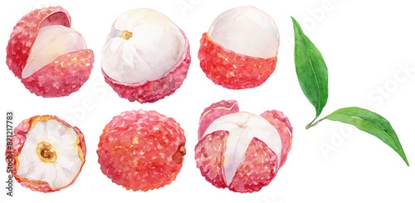 Obraz 皮を切ったライチの水彩イラストセット