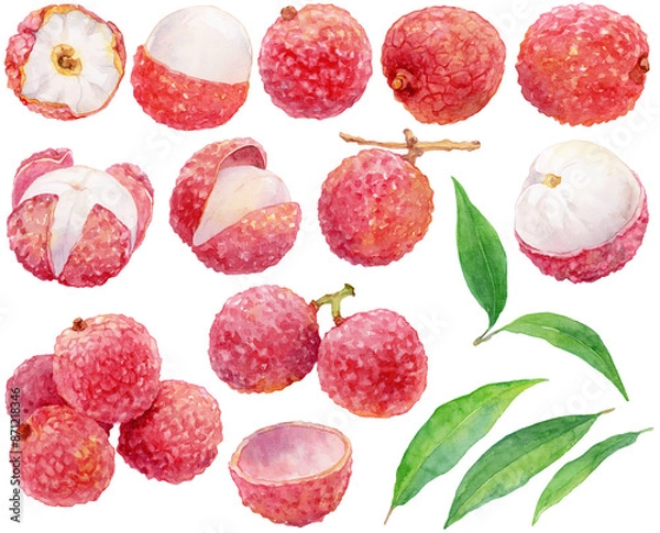 Obraz ライチの水彩イラストセット 熟したたくさんの実と葉