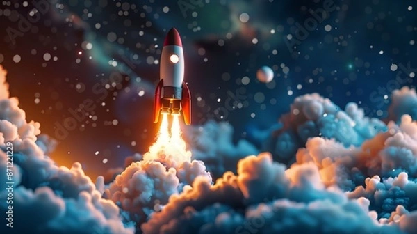 Fototapeta Envision a dynamic 3D render: the launch of a new product or service portrayed through a technology development process, reminiscent of a space rocket liftoff 