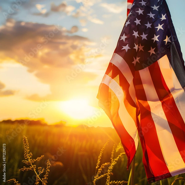 Fototapeta American flag waving in the wind with a golden field in the background at sunset