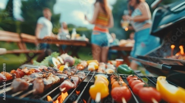 Fototapeta Colorful barbecue skewers full of grilled meat and vegetables being cooked on a barbecue grill, with an outdoor gathering of people enjoying a summer party in the background.