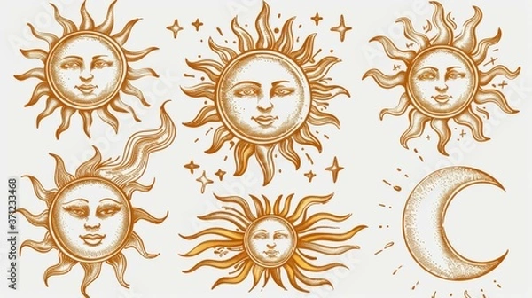 Fototapeta A collection of six artistic sun and moon illustrations in yellow-orange hues, featuring human faces with intricate line work and cheerful yet serene expressions.