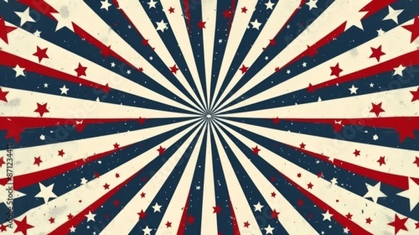 Fototapeta A retro-inspired starburst pattern in the American flag colors with central stars and stripes, capturing vintage charm and historical elegance for a nostalgic feel.