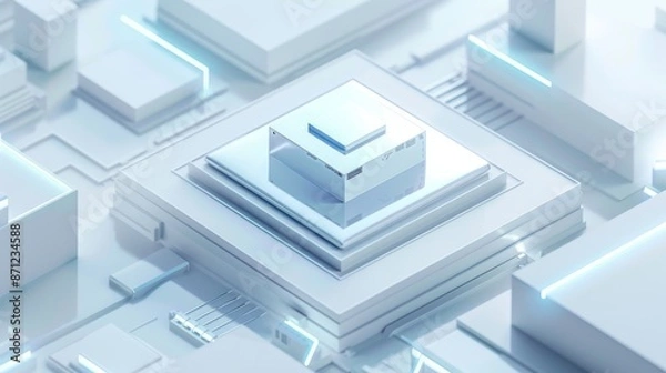 Fototapeta Minimalist illustration of a futuristic white background with a blue glow, geometric shapes and a small square in the middle containing an AI chip, with a tech aesthetic