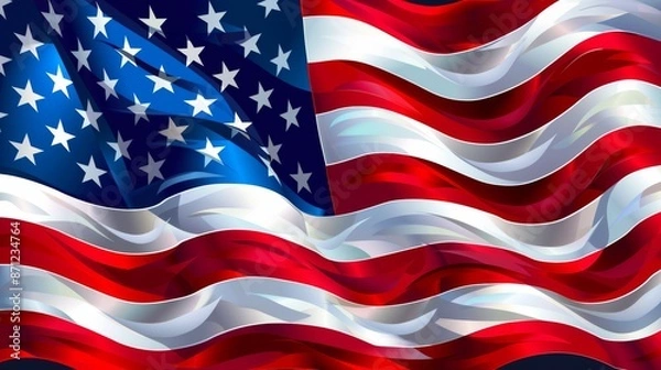 Fototapeta A glossy and wavy illustration of the American flag, rendered in vivid colors. The image captures the flag fluttering in the wind, symbolizing freedom, pride, and the resilience of the American spiri