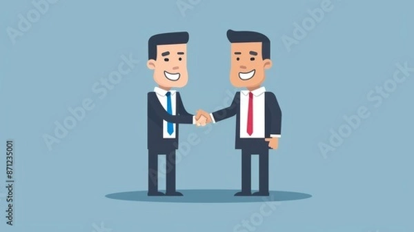 Fototapeta An animated image of two cartoon businessmen in suits shaking hands on a blue background, symbolizing agreement, partnership, and professional collaboration with friendly expressions.