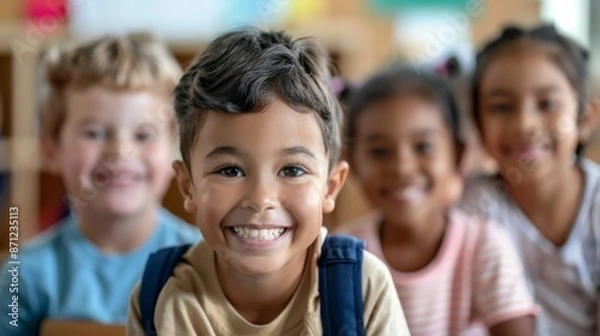 Fototapeta A group of happy children smiling broadly, posing together in a colorful classroom setting, exuding joy and companionship during a school day.