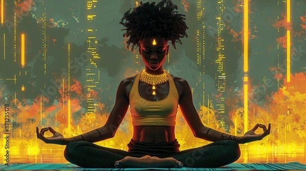 Fototapeta  Augmented reality yogi with neon chakras, vector illustration with fractal patterns, urban landscape, clean lines, 