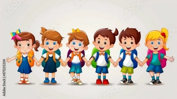 Fototapeta A lineup of six cheerful cartoon children, each holding hands and smiling, dressed in colorful outfits and backpacks, symbolizing friendship and unity.