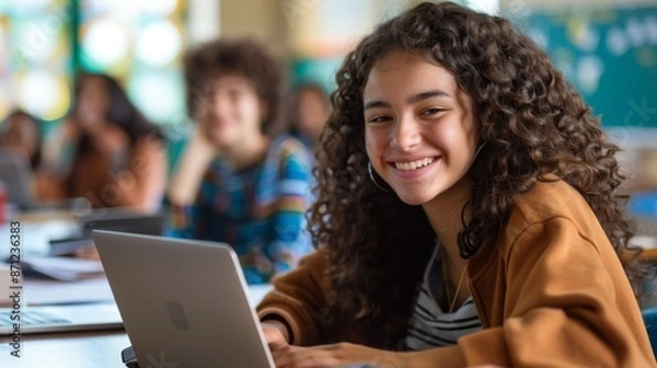 Fototapeta A photograph of a smiling student sitting in a classroom using a laptop, representing education, learning, and youthful enthusiasm in a bright and engaging school environment.