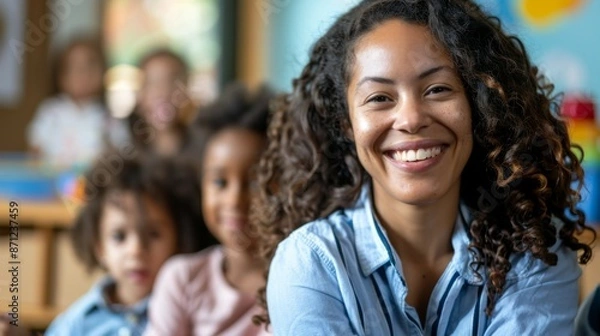 Obraz A dedicated teacher is with her students in the classroom, focusing on learning and development. The children look engaged and happy, creating a positive educational atmosphere.