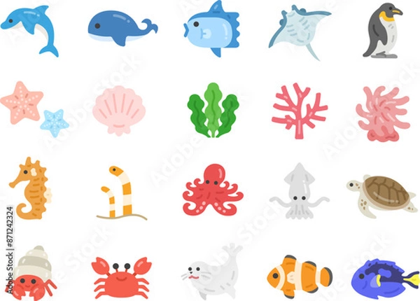 Obraz 海の生物のアイコンのイラストセット

