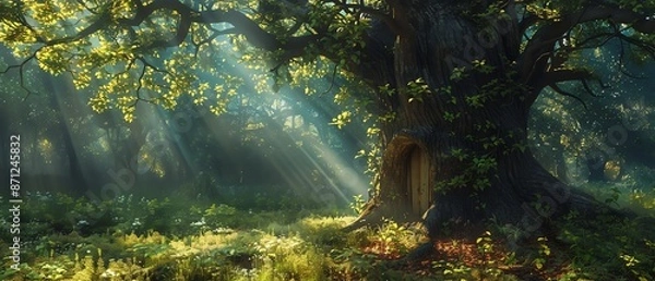 Fototapeta Ancient tree with a hidden door, sunrays filtering through the forest