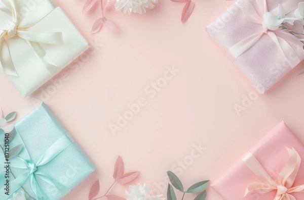Fototapeta Pastel colored gift boxes arranged in a frame on a pink background with leaves and flowers.