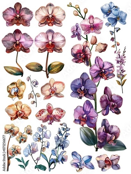 Fototapeta set water color orchid flower illustration design isolated on white background