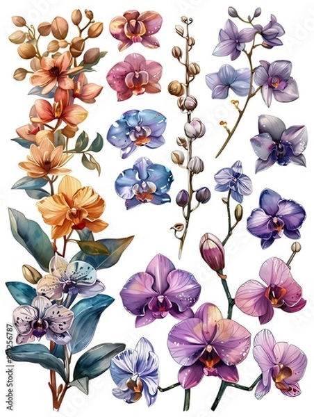 Fototapeta set water color orchid flower illustration design isolated on white background