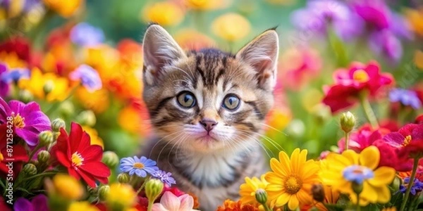 Fototapeta A cute kitten surrounded by colorful flowers , kitten, flowers, cute, adorable, furry, feline, pet, nature, flora, spring, garden