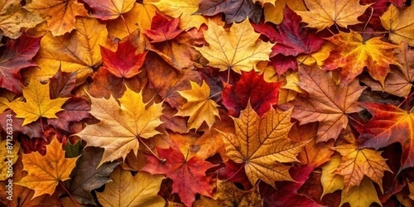 Fototapeta Carpet of maple leaves in autumn with intense red and brown colors, some leaves in yellow ocher, autumn, foliage, nature, seasonal