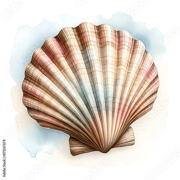 Fototapeta Watercolor Scallop Seashell. Close Up of Seashell Illustration. Decorative Beach Clam. Marine Background. Perfect For Invitations, Greeting Cards, Posters, Prints, Banners, Flyers. Generative AI