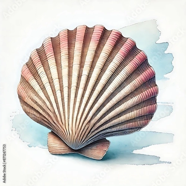 Fototapeta Watercolor Scallop Seashell. Close Up of Seashell Illustration. Beach Clam. Marine Background. Perfect For Invitations, Greeting Cards, Posters, Prints, Banners, Flyers. Generative AI