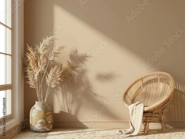 Fototapeta Empty beige wall mockup in boho room interior with wicker armchair and vase. Natural daylight from a window. Promotion background - ai