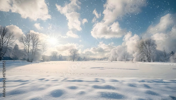 Fototapeta A beautiful winter landscape with a snow-covered field under a cloudy sky, captured during a bright, sunny day.