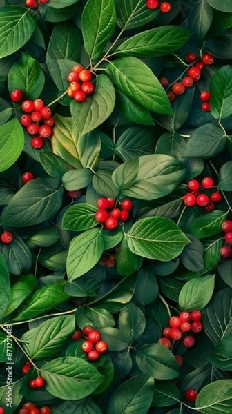 Fototapeta Close-up of green leaves with red berries, nature background. Botanical and greenery concept