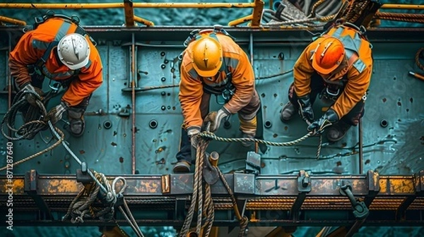 Obraz Riggers assembling and securing loads on a crane at midday. They use ropes and hooks to attach heavy materials