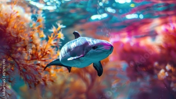 Fototapeta Vaquita in the colourful underwater world, porpoise species in the ocean. Marine mammal on the edge of extinction