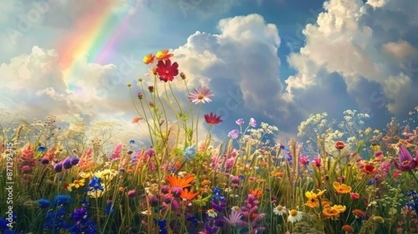 Fototapeta Frame the symphony of colors in a field of wildflowers under a rainbow