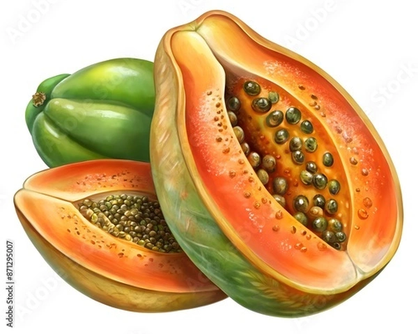 Fototapeta Whole and slices papaya fruit. 3d illustration. Isolated on white background.