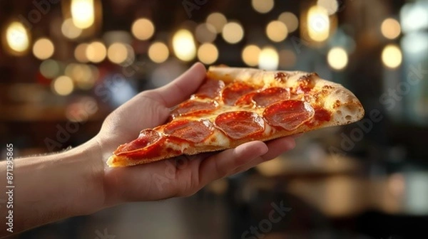 Fototapeta Closeup man hand holding slice of pepperoni pizza on blurred cafe background. Generative AI