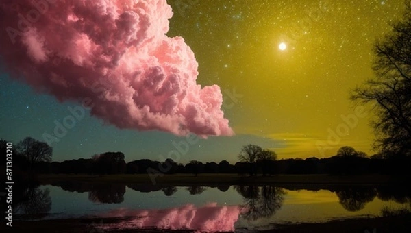 Fototapeta A starry yellow night sky with huge pink clouds taking up most of the scenecanvas with afar bright moon