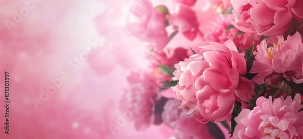 Fototapeta A vivid image of pink peonies in full bloom against a soft pink background. The composition is aesthetically pleasing with a gentle gradient that enhances the vibrancy of the flowers.