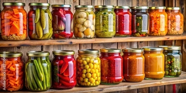 Fototapeta Jars of homemade canned vegetables stored in a pantry for winter conservation, canned, vegetables, jars, home