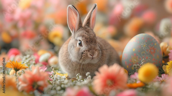 Fototapeta An Easter bunny sitting next to a giant decorated egg, surrounded by blooming spring flowers, with plenty of copy space. The scene is vibrant and festive, capturing the essence of Easter.