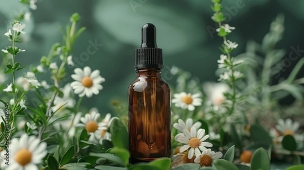 Obraz Amber dropper bottle with natural greenery and flowers on green background