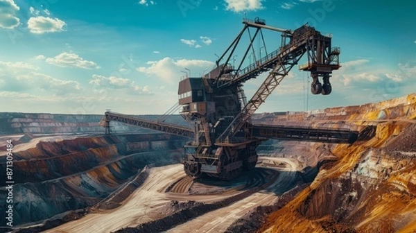Obraz Walking excavator operates at night near piles row in mining pit