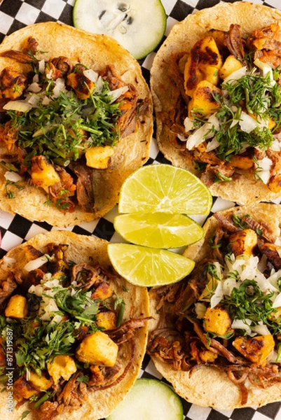 Obraz Mexican tacos with condiments and vegetables