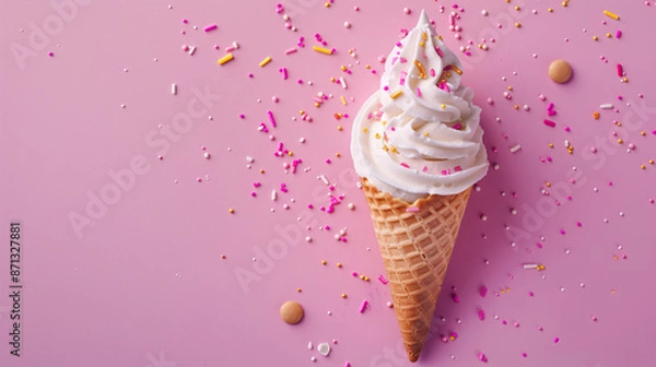 Fototapeta Ice cream dessert flatlay in a cone for summer, birthday, party, and product mockup scenes.
