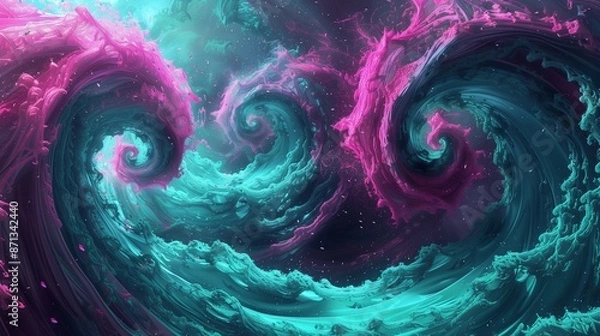 Fototapeta Fluid neon turquoise magenta vortices colliding maelstrom